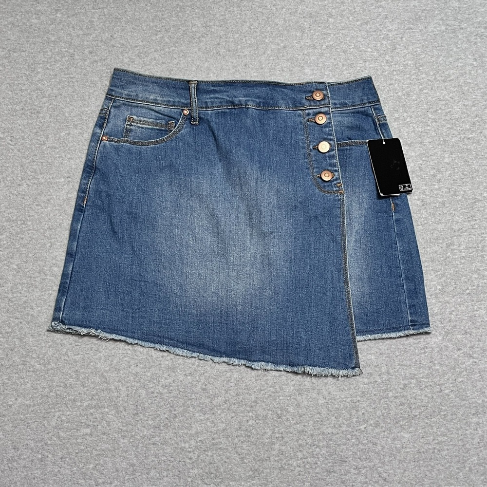 Energie Skirt Womens 7 Juniors Blue Faux Wrap Frayed Hem Medium Wash Denim New